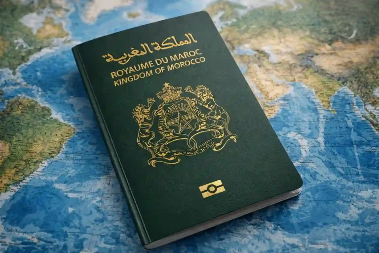 دول بدون فيزا للمغاربة موضحة على خريطة العالم باللون الأخضر مع جواز السفر المغربي في المقدمة، يرمز إلى حرية السفر بدون تأشيرة