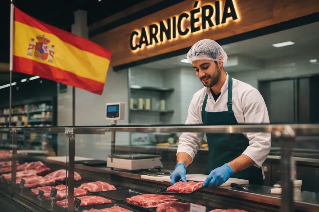 جزار بدون خبرة في اسبانيا يعمل داخل محل جزارة إسباني، يرتدي مريلة وقفازات ويقوم بترتيب قطع اللحم الطازج خلف واجهة عرض زجاجية مع ظهور علم إسبانيا ولافتة Carnicería في الخلفية.