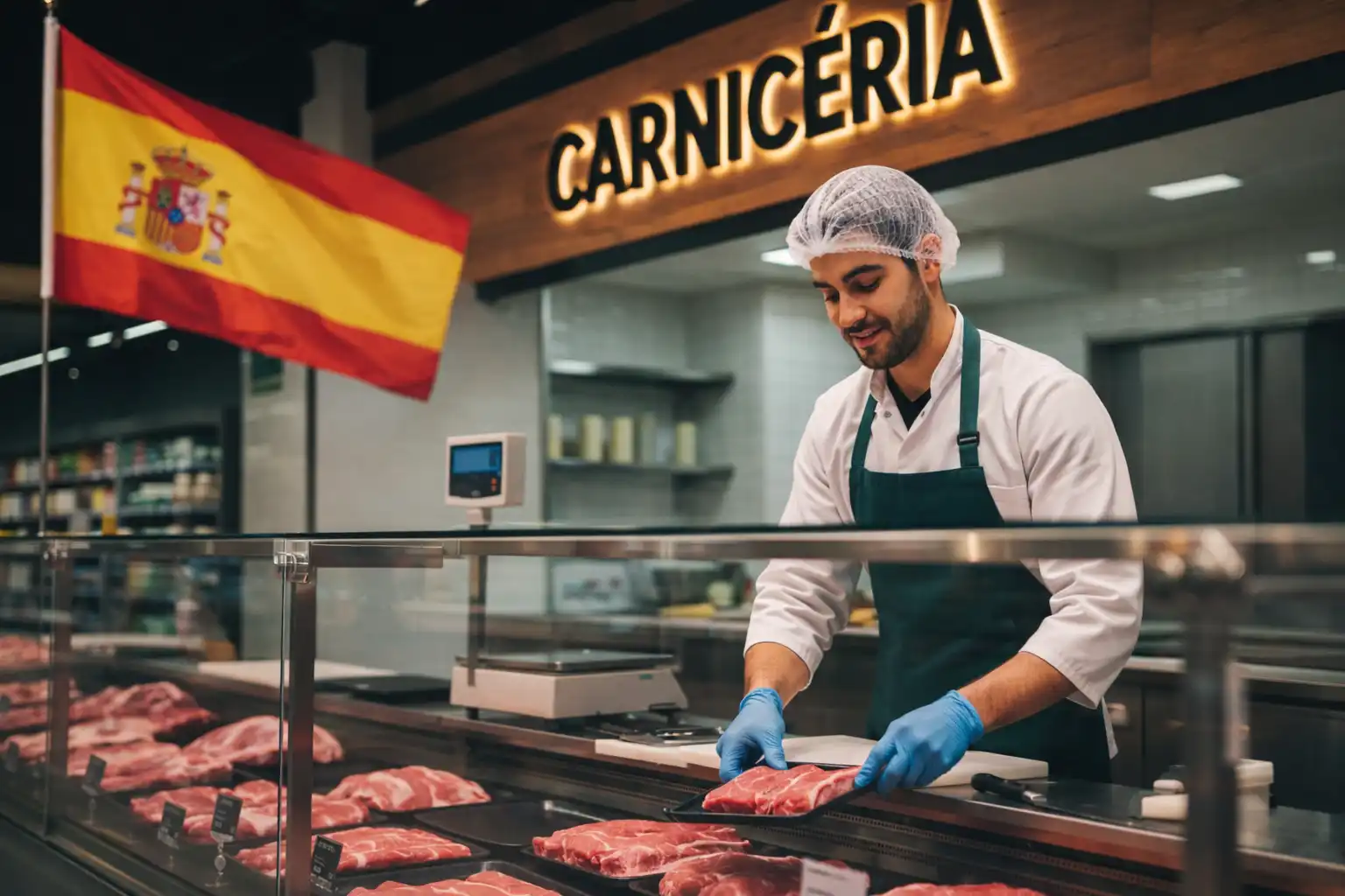 جزار بدون خبرة في اسبانيا يعمل داخل محل جزارة إسباني، يرتدي مريلة وقفازات ويقوم بترتيب قطع اللحم الطازج خلف واجهة عرض زجاجية مع ظهور علم إسبانيا ولافتة Carnicería في الخلفية.