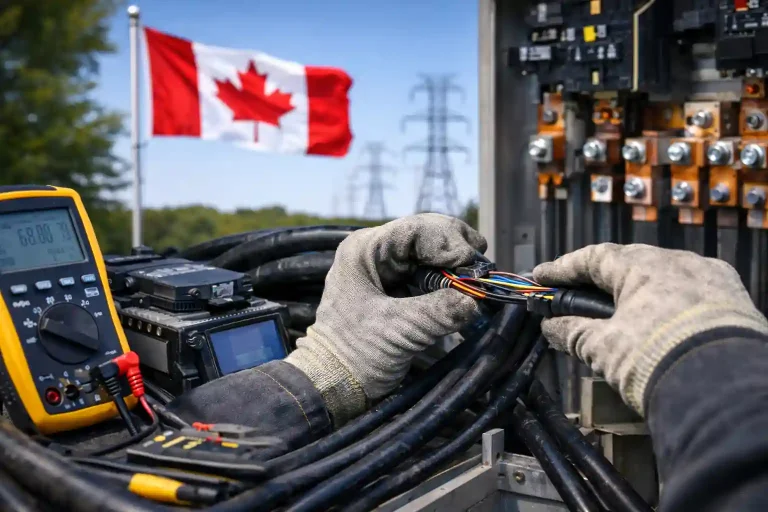 فني تركيب كابلات كهربائية في كندا يعمل على تثبيت الكابلات داخل موقع عمل، يرمز إلى فرص التوظيف في قطاع الكهرباء الكندي.
