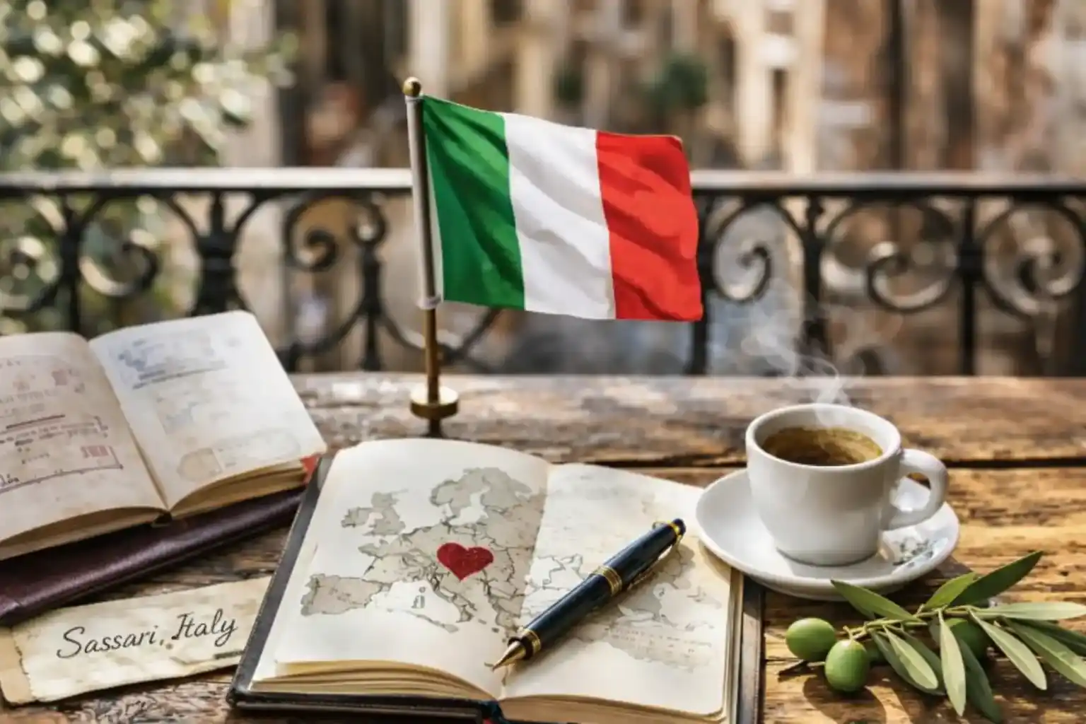 دفتر مفتوح على خريطة أوروبا مع قلب في المنتصف وجواز سفر وفنجان قهوة والعلم الإيطالي، يرمز إلى العمل التطوعي في أوروبا وتجربة التبادل الثقافي.
