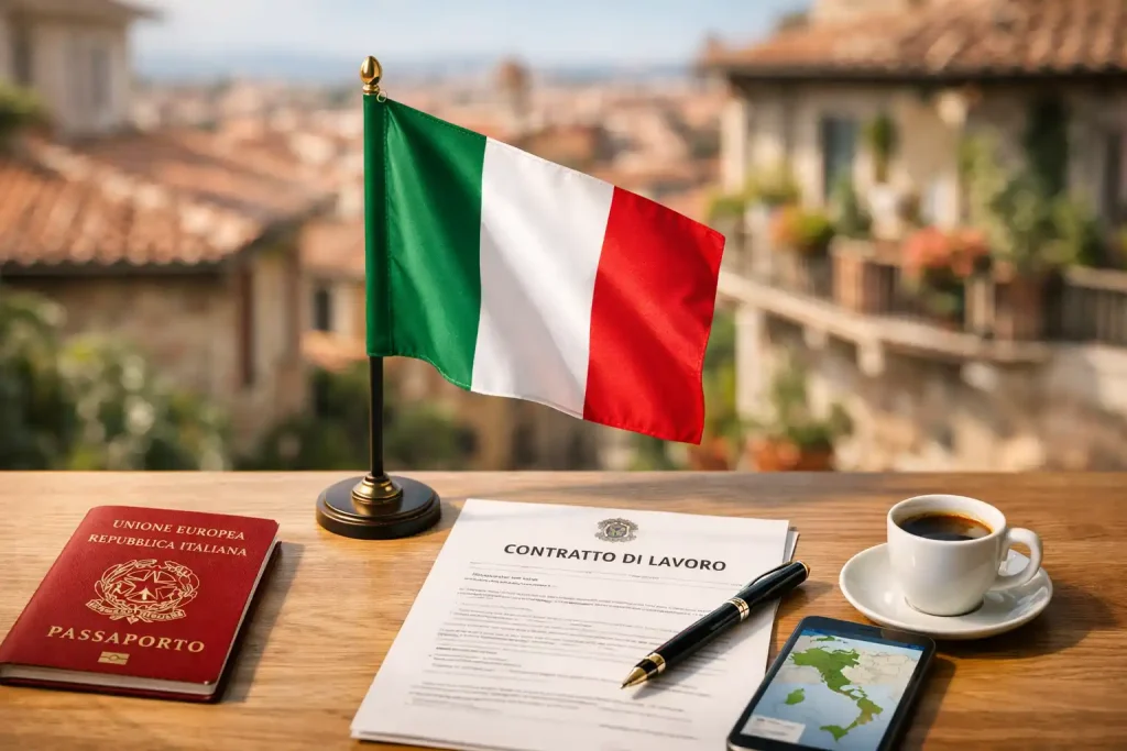 لقطة مكتبية احترافية تُظهر التحضير لملف الهجرة والعمل في إيطاليا في إطار برنامج Decreto Flussi، تتضمن جواز سفر أحمر موضوع على طاولة خشبية فاتحة، وعقد عمل بعنوان “CONTRATTO DI LAVORO”، مع علم إيطاليا مثبت على سارية، وهاتف ذكي يعرض خريطة إيطاليا، وفنجان إسبريسو، وخلفية معمارية إيطالية مشوشة بألوان دافئة.