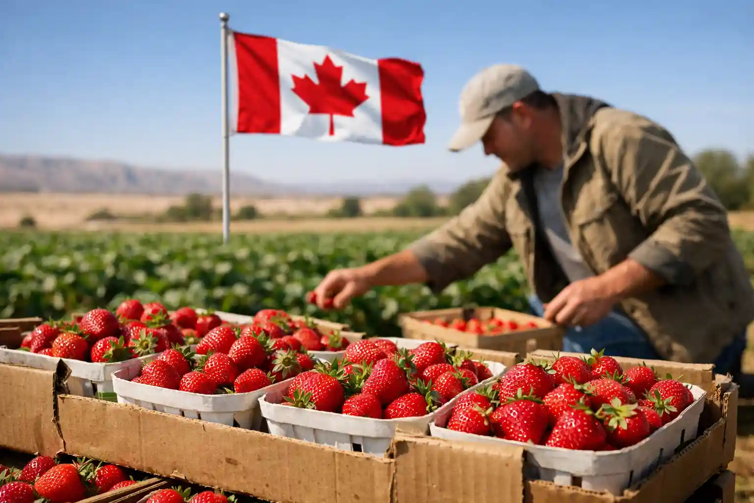 العمل في مزارع الفراولة في كندا: صناديق كرتونية مملوءة بالفراولة الحمراء الطازجة في المقدمة، وخلفها مزارع منحنٍ يجني الثمار بين صفوف النباتات، بينما يرفرف العلم الكندي في منتصف الصورة تحت سماء زرقاء صافية.