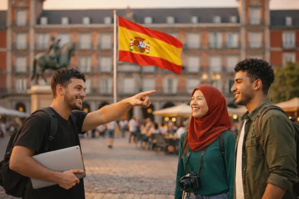 ثلاثة شباب من جنسيات مختلفة يتحدثون في ساحة تاريخية بمدريد، مع العلم الإسباني في الخلفية، في سياق فرصة تطوعية إسبانيا - / مدريد