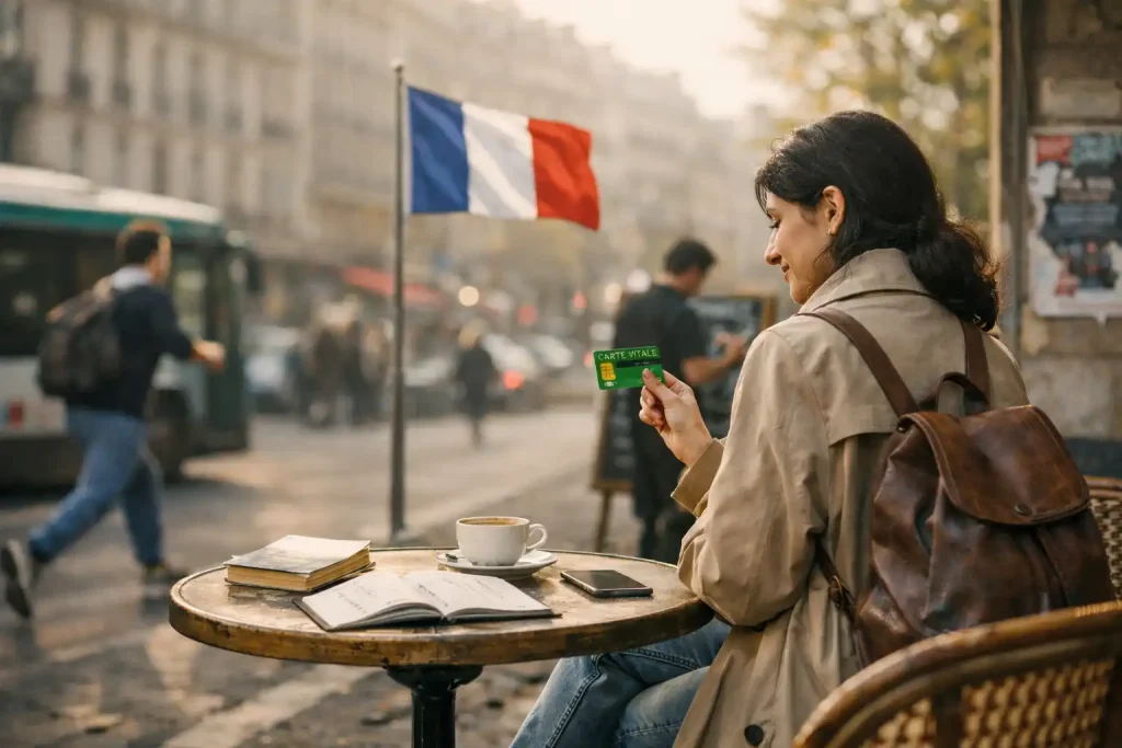 امرأة تجلس في مقهى باريسي على جانب الشارع، تحمل بطاقة صحية فرنسية، وخلفها أجواء باريسية مميزة مع العلم الفرنسي، في مشهد يعكس الحياة اليومية وفرص الدراسة في فرنسا للطلاب الأجانب.