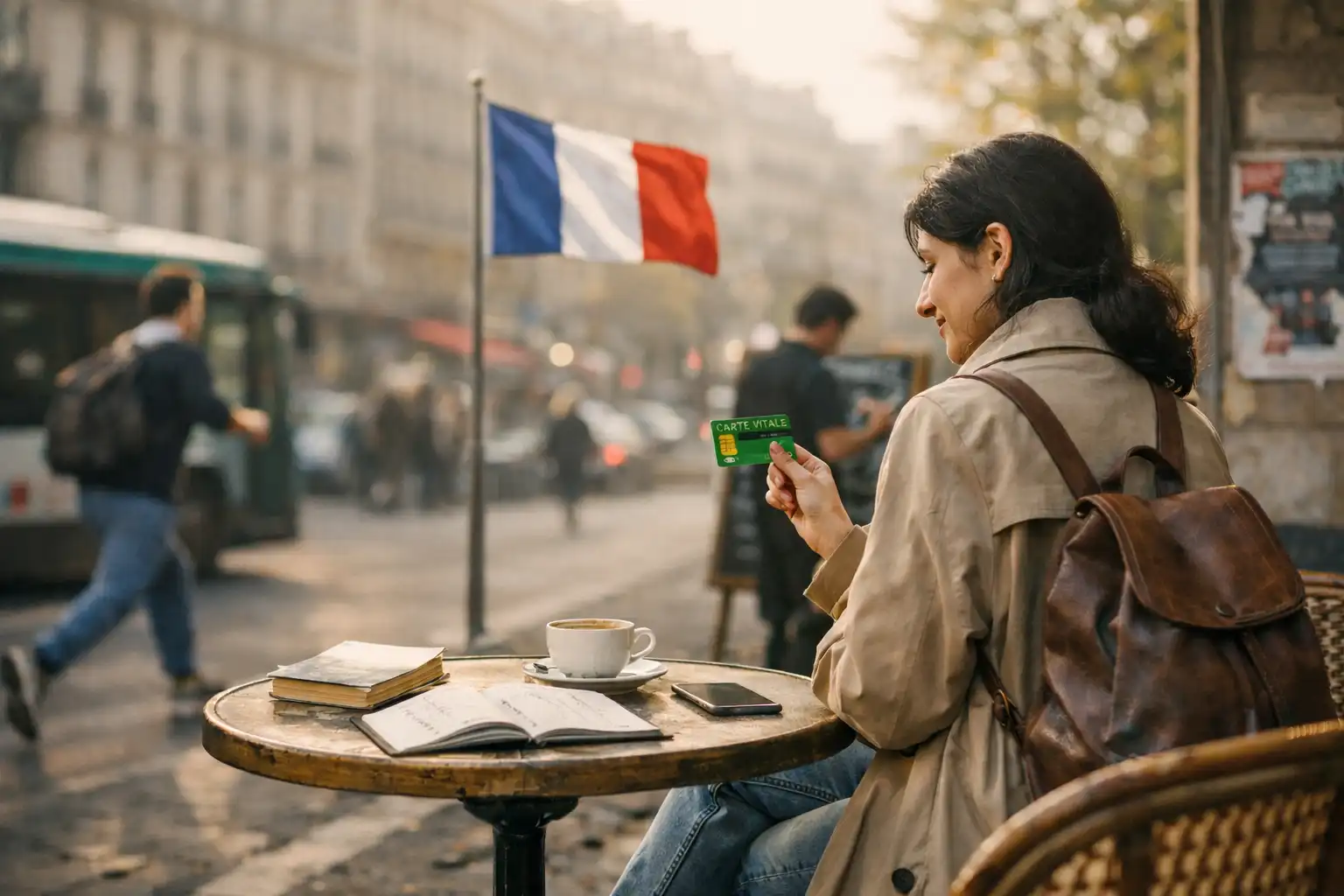 امرأة تجلس في مقهى باريسي على جانب الشارع، تحمل بطاقة صحية فرنسية، وخلفها أجواء باريسية مميزة مع العلم الفرنسي، في مشهد يعكس الحياة اليومية وفرص الدراسة في فرنسا للطلاب الأجانب.