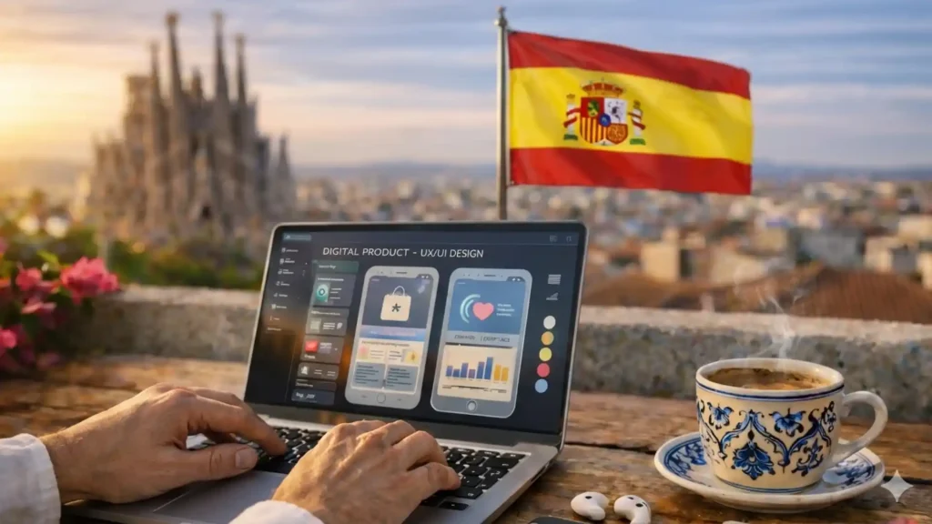 ديجيتال نوماد اسبانيا: رحّال رقمي يعمل عن بُعد باستخدام حاسوب محمول في إسبانيا.