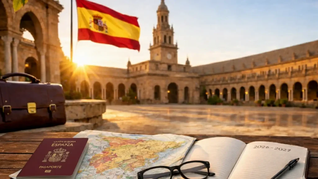 صورة تعبر عن الدراسة في إسبانيا، تظهر جواز السفر الإسباني فوق خريطة أوروبا مع دفتر ملاحظات ونظارات، وخلفية مع ساحة إسبانيا في إشبيلية والعلم الإسباني عند الغروب.