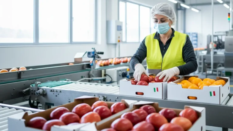 عاملة في مصنع إيطالي تقوم بتعبئة وتغليف الفواكه على خط إنتاج حديث، تمثل فرصة عمل في إيطاليا كعامل تعبئة وتغليف في قطاع الصناعات الغذائية.