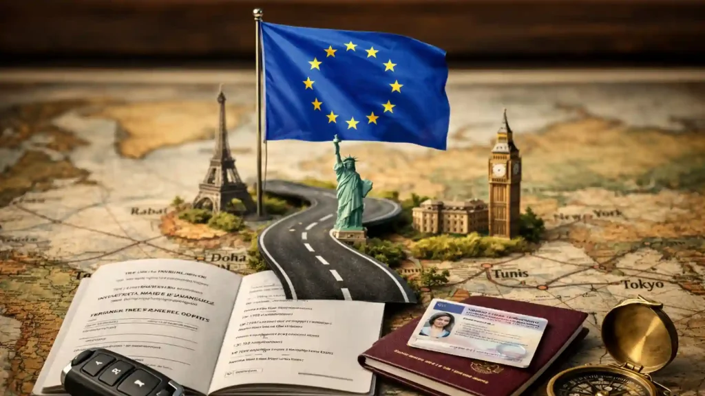 ترتيب تصويري واقعي على خريطة عالم قديمة، تظهر فيه رخصة السياقة الدولية مفتوحة بجانب رخصة قيادة وطنية وجواز سفر ومفتاح سيارة حديث وبوصلة معدنية، مع طريق صغير يخرج من الصفحات نحو معالم عالمية مصغرة، وعلم أوروبي يرفرف مثبتاً على سارية في مركز الصورة.