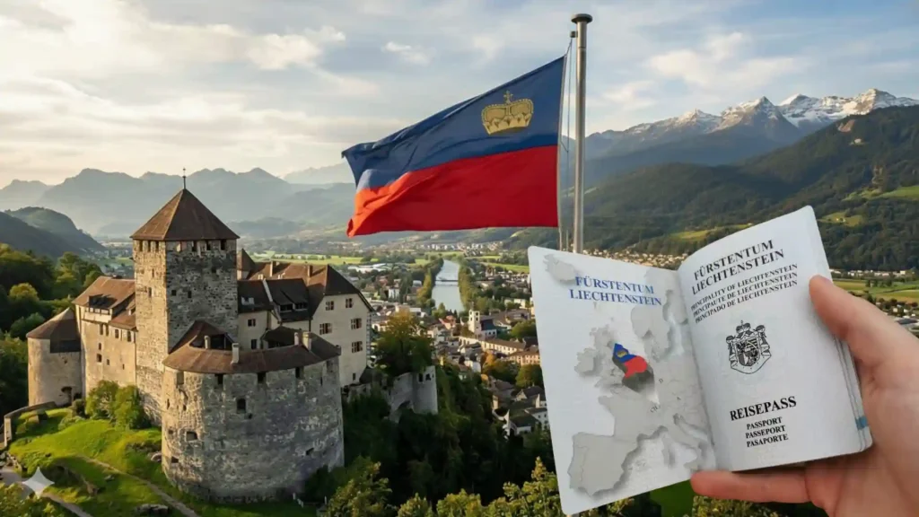 جواز سفر ليختنشتاين أمام قلعة تاريخية مع علم ليختنشتاين – فيزا شنغن ليختنشتاين