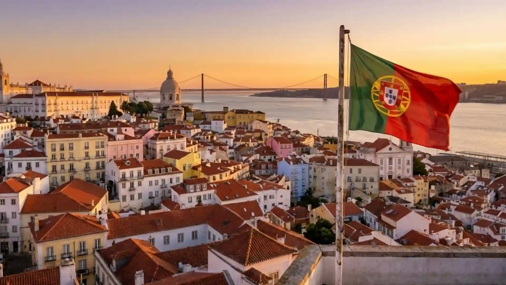 منظر بانورامي لمدينة لشبونة في البرتغال مع العلم البرتغالي ونهر التاجة وقت الغروب، يرمز إلى فرص العمل التطوعي في البرتغال داخل بيئة ثقافية أوروبية.