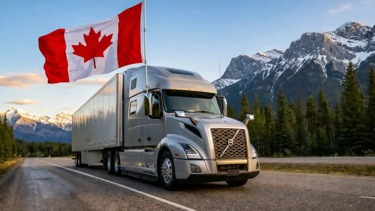 شاحنة نقل ثقيلة على طريق سريع في كندا وسط جبال طبيعية مع العلم الكندي، تمثل مهنة سائق شاحنات لمسافات طويلة في كندا وفرص العمل في قطاع النقل.