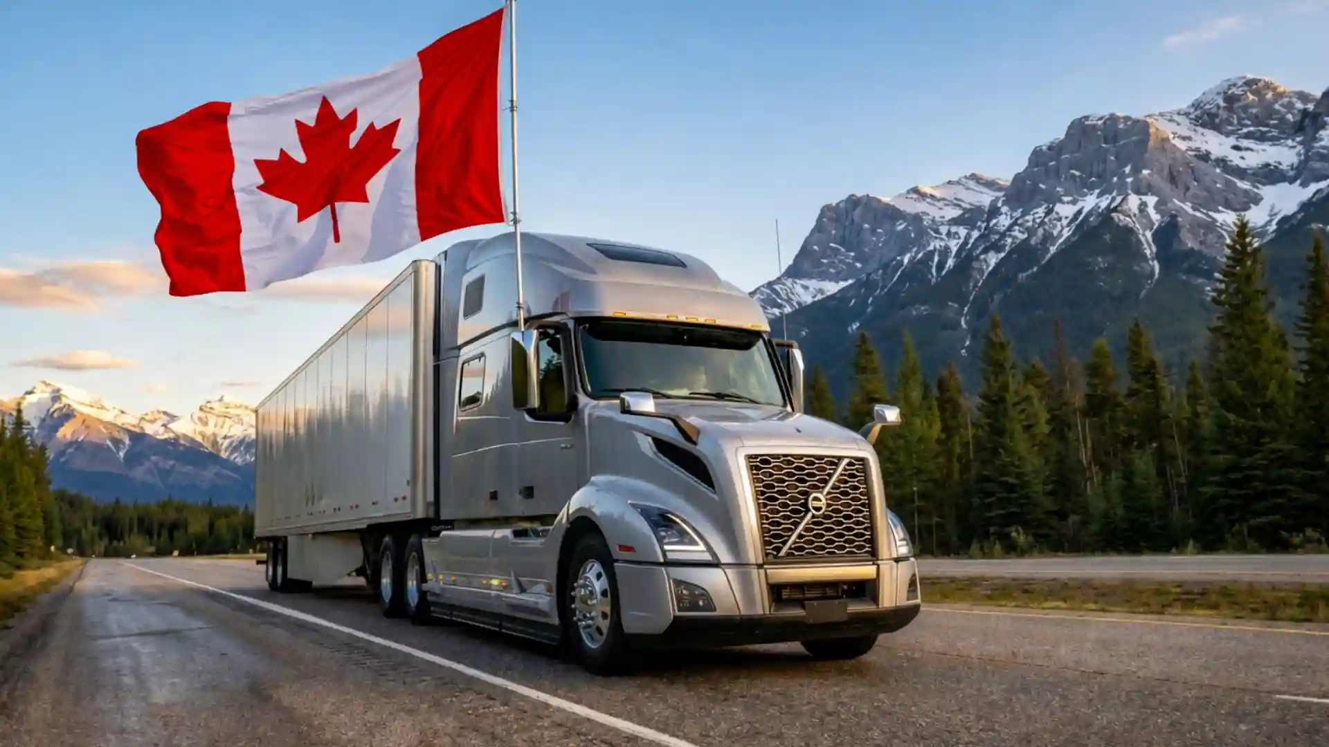 شاحنة نقل ثقيلة على طريق سريع في كندا وسط جبال طبيعية مع العلم الكندي، تمثل مهنة سائق شاحنات لمسافات طويلة في كندا وفرص العمل في قطاع النقل.