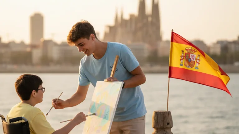 تطوع في برشلونة يظهر شابًا متطوعًا يساعد طفلًا من ذوي الاحتياجات الخاصة على الرسم قرب البحر، مع ظهور علم إسبانيا وخلفية مدينة برشلونة، في مشهد يعكس العمل التطوعي والاندماج الاجتماعي.