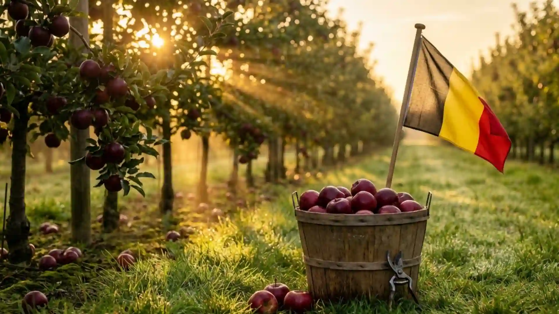 سلة تفاح في مزرعة فاكهة ببلجيكا مع العلم البلجيكي وقت الغروب، تمثل فرص عمل موسمي في بلجيكا للعمال الزراعيين.