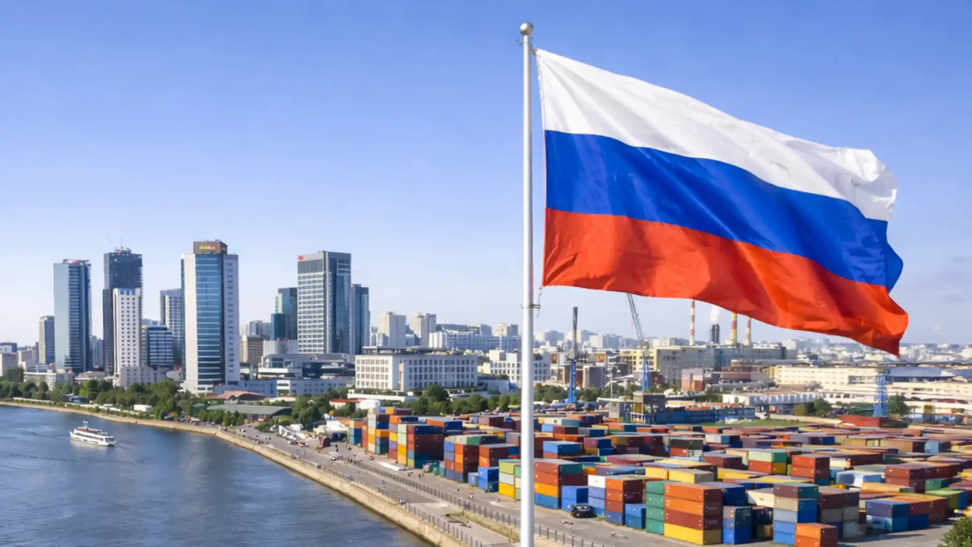 منظر جوي بانورامي لمدينة روسية ذات طابع اقتصادي حديث على ضفاف نهر، مع علم روسيا وميناء تجاري وبنية تحتية متطورة، في إطار JINR START Winter Program 2026