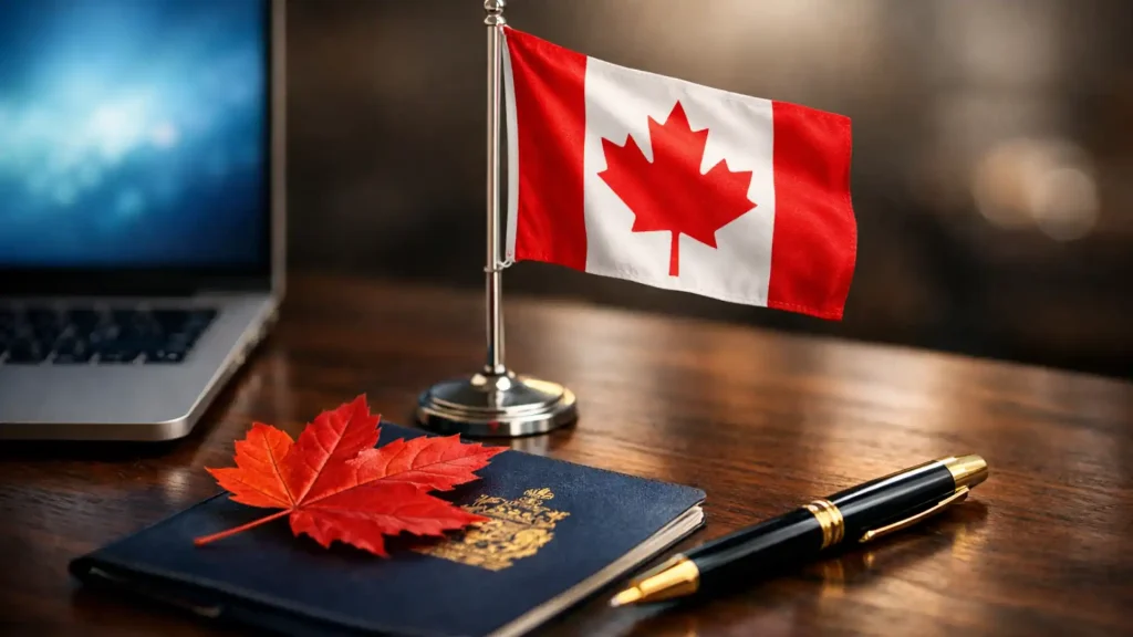 جواز سفر كندي على مكتب مع ورقة شجرة القيقب وعلم كندا وحاسوب محمول، يرمز إلى إجراءات الهجرة الى كندا والإقامة الدائمة.