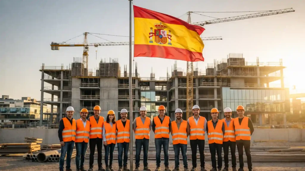 نقص اليد العاملة في قطاع البناء بإسبانيا يظهر من خلال عمال يرتدون سترات السلامة في ورشة بناء كبيرة مع العلم الإسباني.