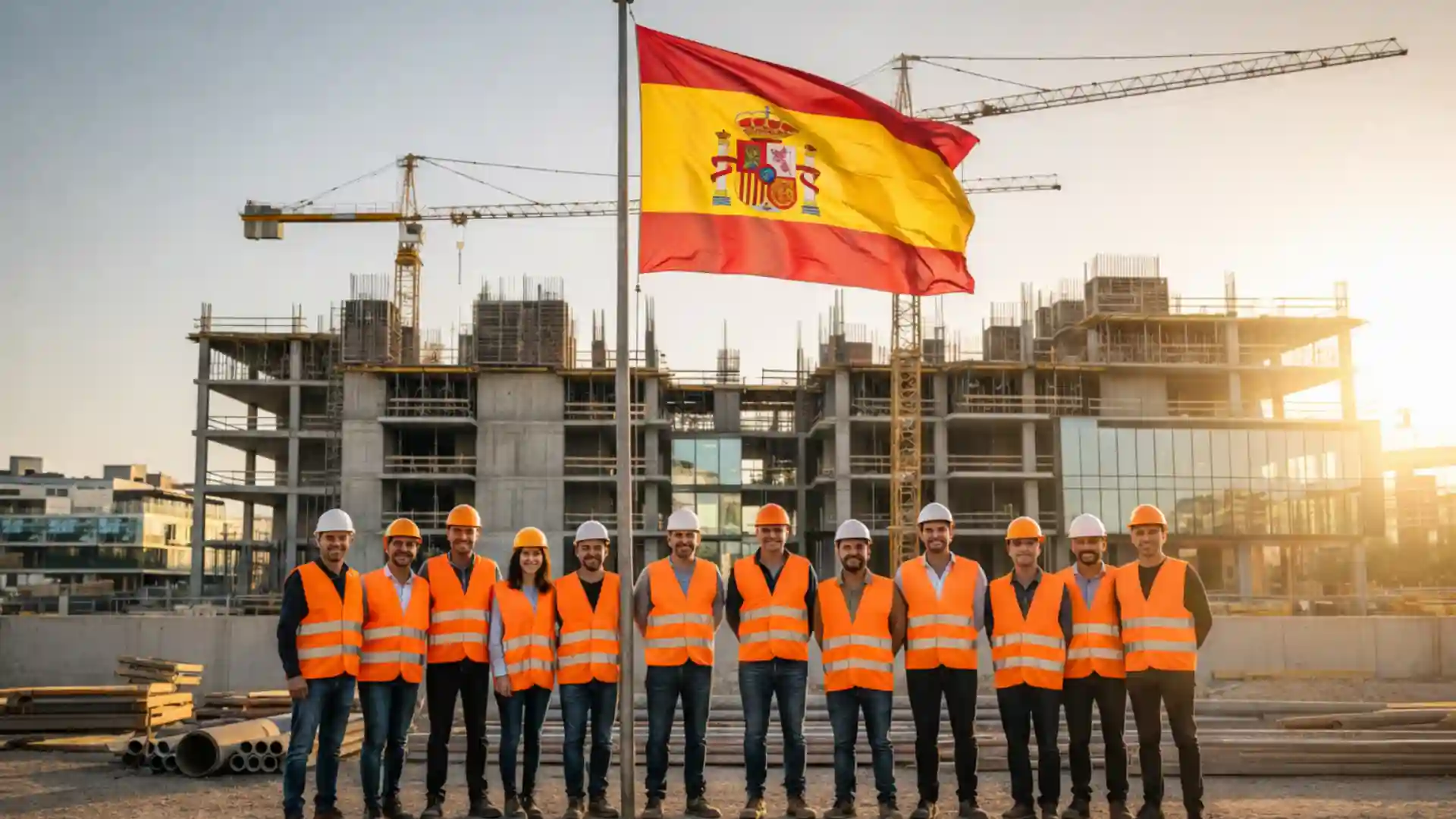 نقص اليد العاملة في قطاع البناء بإسبانيا يظهر من خلال عمال يرتدون سترات السلامة في ورشة بناء كبيرة مع العلم الإسباني.