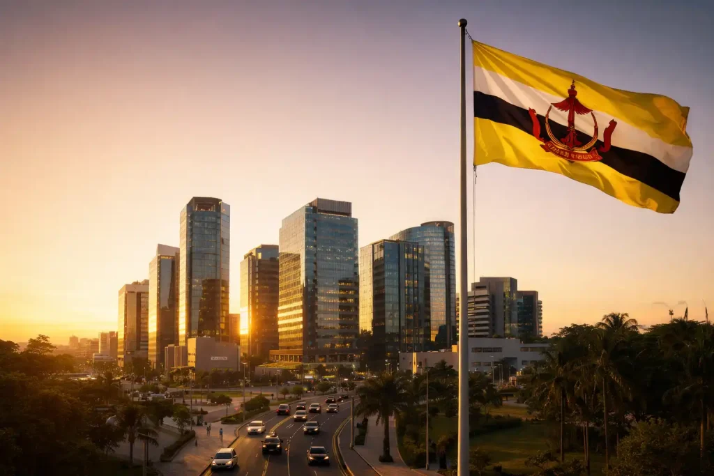 منظر حضري حديث في بروناي دار السلام مع العلم الوطني، يرمز إلى التنمية الاقتصادية وعقود عمل في بروناي للعمال الأجانب.