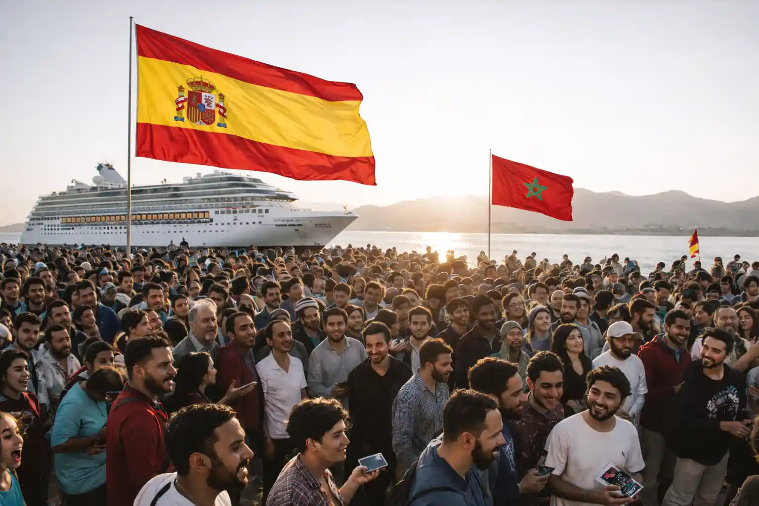 حشد كبير من العمال المتجمعين في ميناء بإسبانيا عند غروب الشمس، مع ظهور سفينة سياحية ورفرفة العلم الإسباني، في مشهد يرمز إلى العمل الموسمي في إسبانيا وتنقل العمال بحثًا عن فرص عمل مؤقتة.