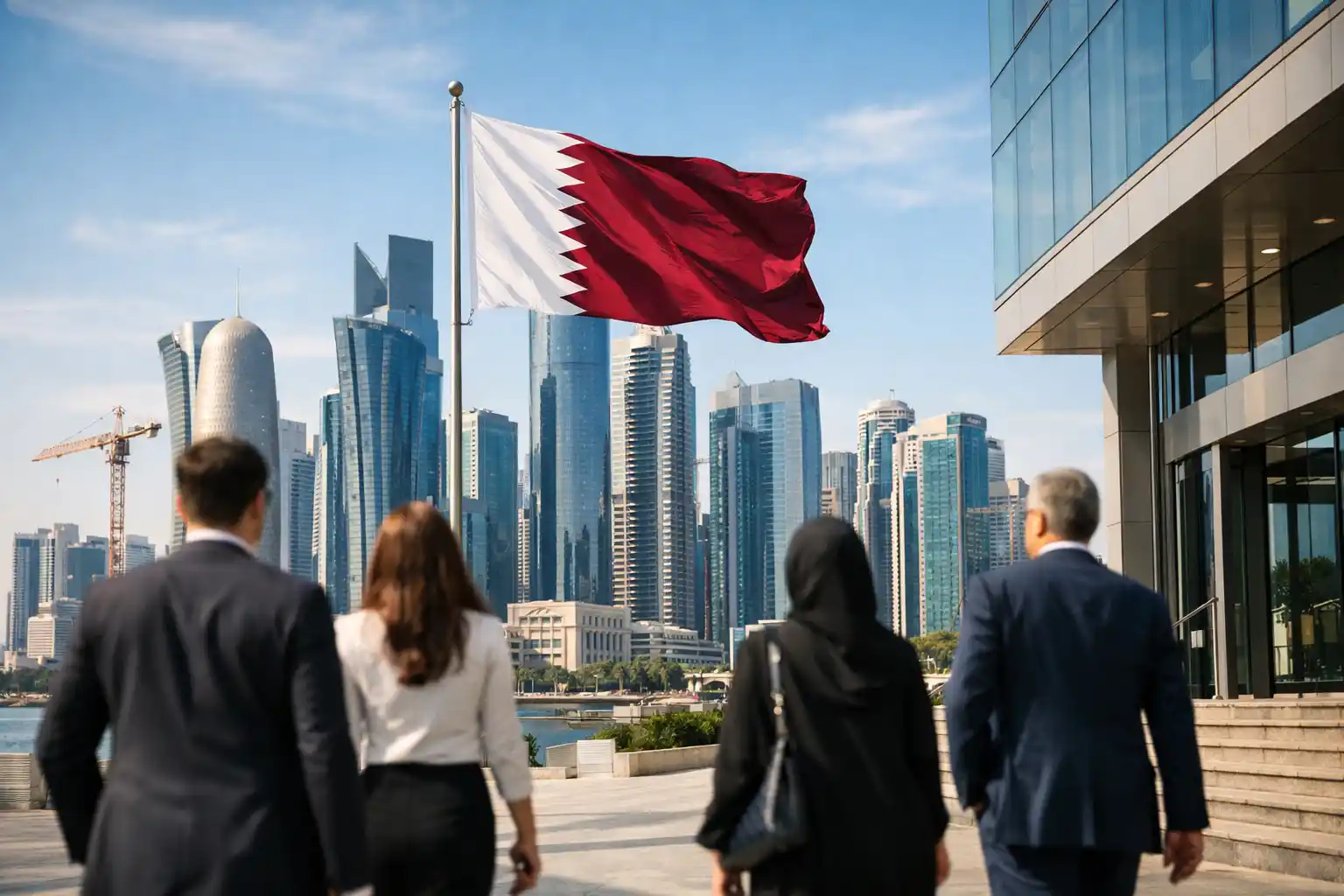 العمل في قطر 2026 — مشهد احترافي لرجال أعمال يتجهون نحو مبنى حديث في منطقة ويست باي بالدوحة مع ناطحات السحاب ورافعة بناء في الخلفية والعلم القطري في الوسط