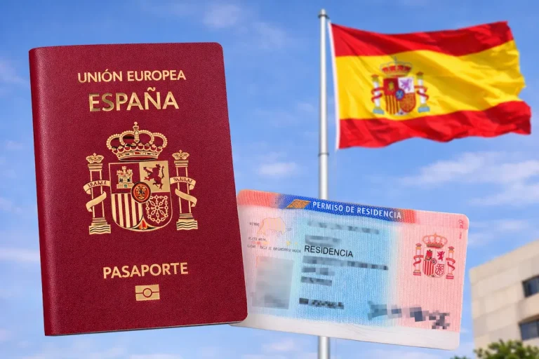 صورة جواز سفر إسباني وبطاقة إقامة رسمية مع علم إسبانيا في الخلفية توضح إجراءات التسوية الاستثنائية للمهاجرين في إسبانيا