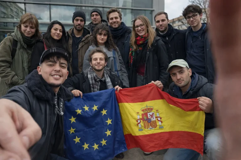 مجموعة من الشباب المتطوعين في إسبانيا ضمن برامج فيزا التطوع في إسبانيا يحملون علم الاتحاد الأوروبي وعلم إسبانيا أمام مبنى عام