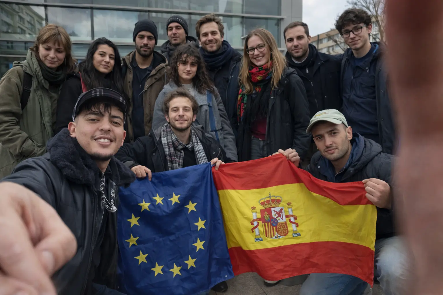 مجموعة من الشباب المتطوعين في إسبانيا ضمن برامج فيزا التطوع في إسبانيا يحملون علم الاتحاد الأوروبي وعلم إسبانيا أمام مبنى عام