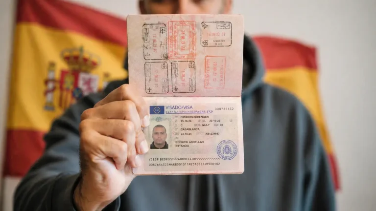 شخص يمسك جواز سفر مفتوح يظهر تأشيرة شنغن إسبانيا بوضوح، في لقطة واقعية قريبة مرتبطة بموضوع الإقامة في إسبانيا بدون أوراق.