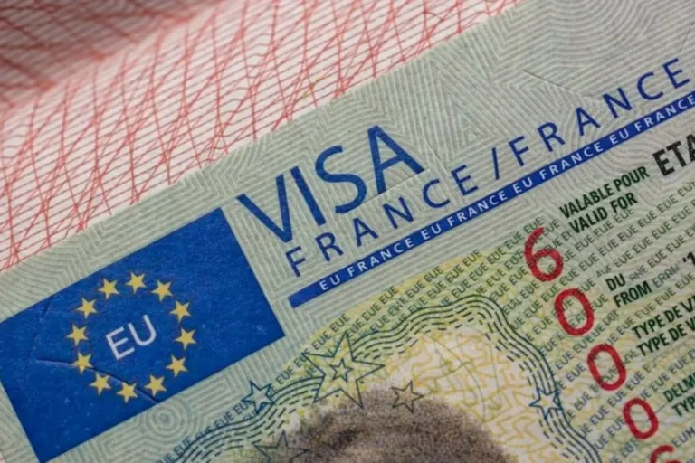 صورة مقربة واقعية لتأشيرة فيزا فرنسا على صفحة جواز سفر مع تفاصيل الأمان الدقيقة وعلم الاتحاد الأوروبي بشكل واضح.
