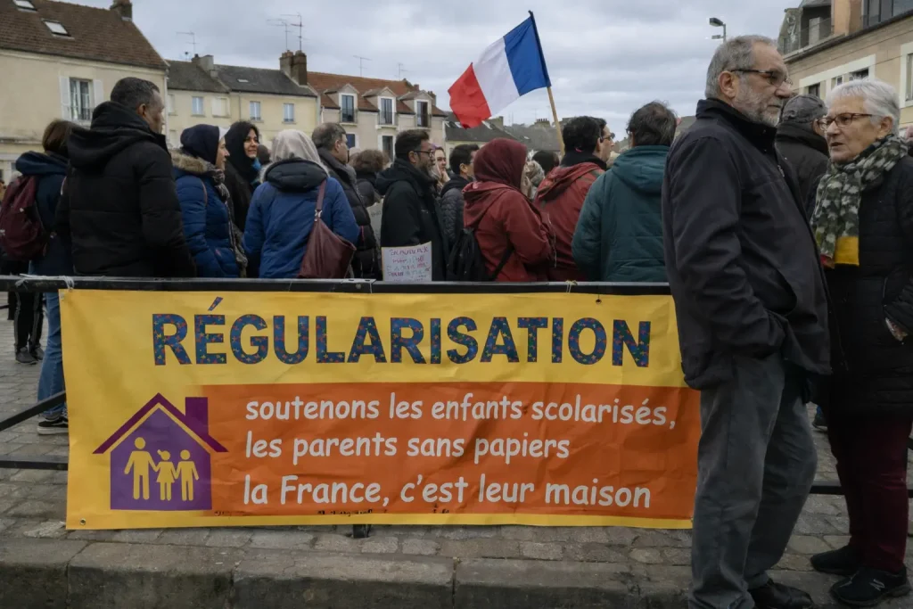 صورة واقعية لوقفة احتجاجية سلمية في بلدة فرنسية، يظهر فيها مهاجرون من أصول شمال إفريقية وشرق أوسطية خلف لافتة ملونة تطالب بتسوية أوضاع المهاجرين بدون أوراق في فرنسا، مع وجود علم فرنسا وأجواء شتوية طبيعية